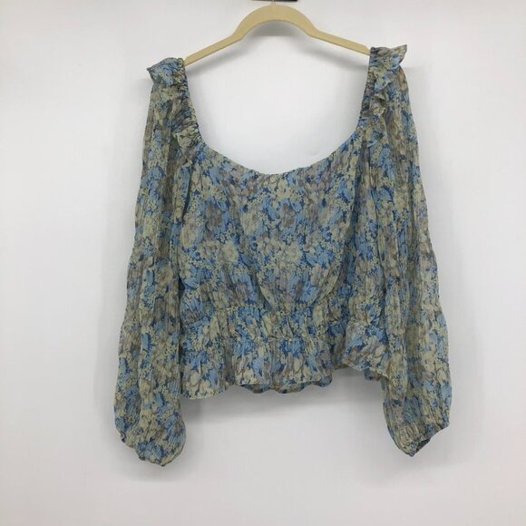ASTR The Label  Elva Floral Long Ruffle Sleeve Square Neck Blue Taupe blouse LG - Picture 4 of 16